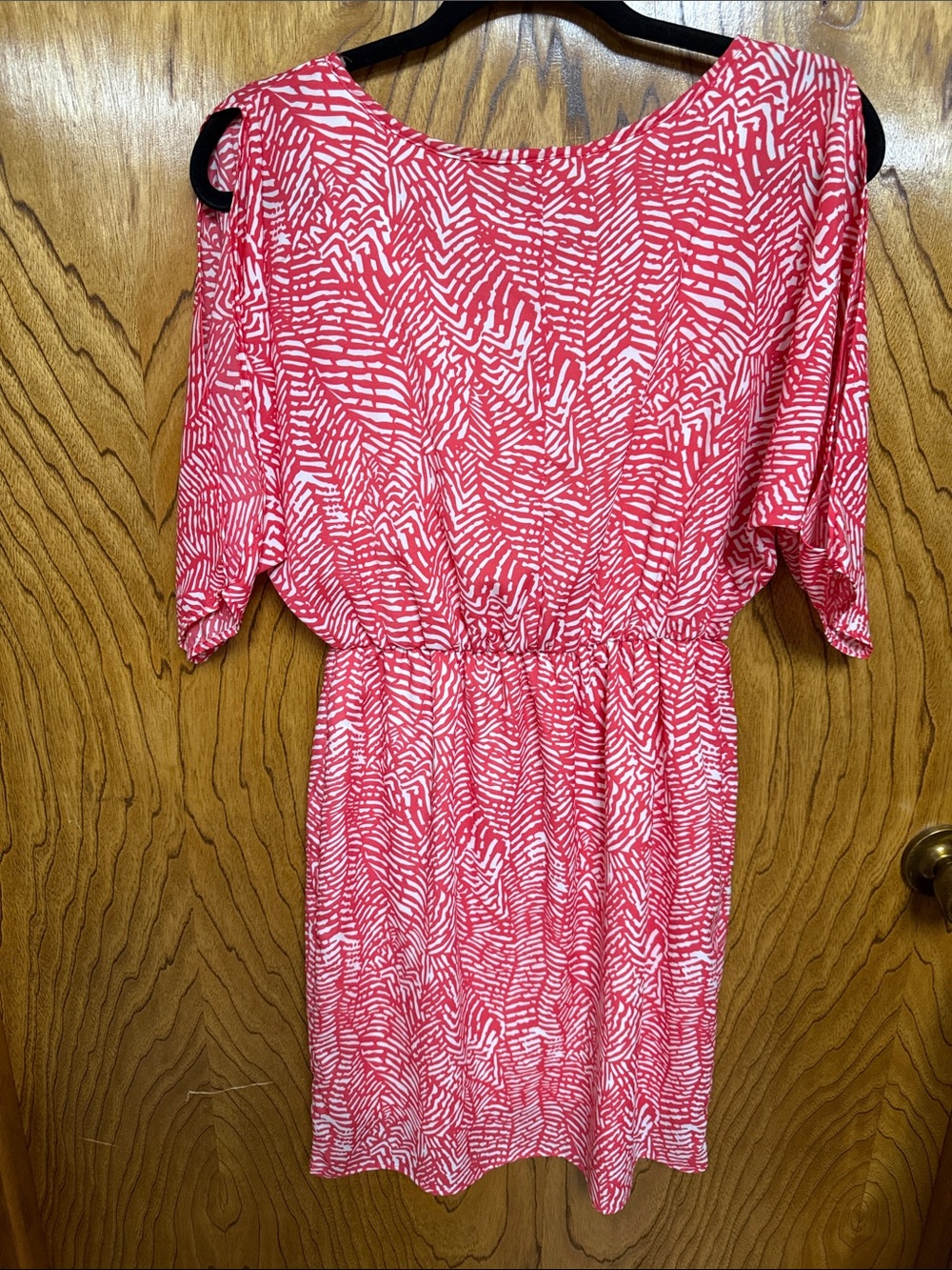 Women's Orange Patterned Elastic-Waist Dress Peekaboo Shoulders Small - Picture 6 of 6